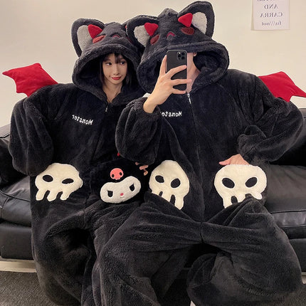 DAIMELU hooded male pajamas set men's cartoon winter thickened coral fleece flannel boy one-piece loungewear suit sleepwear