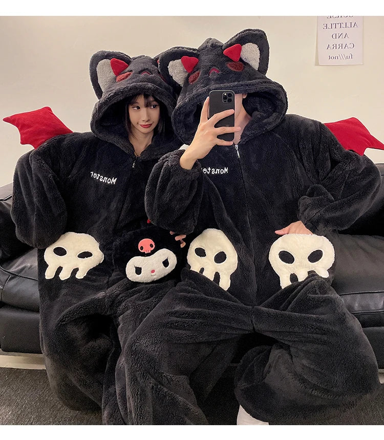 DAIMELU hooded male pajamas set men's cartoon winter thickened coral fleece flannel boy one-piece loungewear suit sleepwear