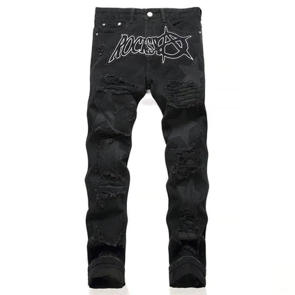 Autumn And Winter Retro Black Ripped Jeans Men'S Straight Leg Pants Pentagram Patch Casual Jeans Pants PlatiNum