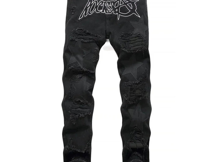 Autumn And Winter Retro Black Ripped Jeans Men'S Straight Leg Pants Pentagram Patch Casual Jeans Pants PlatiNum
