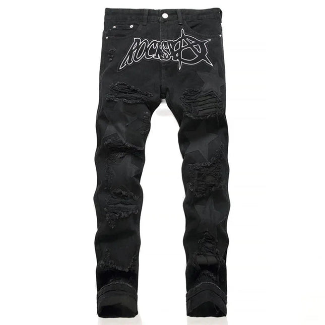 Autumn And Winter Retro Black Ripped Jeans Men'S Straight Leg Pants Pentagram Patch Casual Jeans Pants PlatiNum
