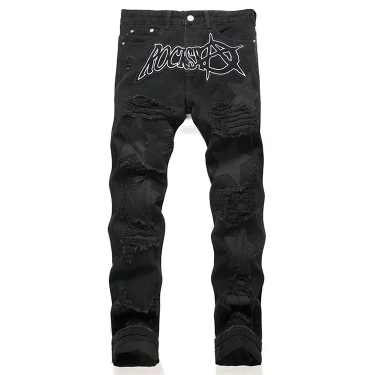 Autumn And Winter Retro Black Ripped Jeans Men'S Straight Leg Pants Pentagram Patch Casual Jeans Pants PlatiNum