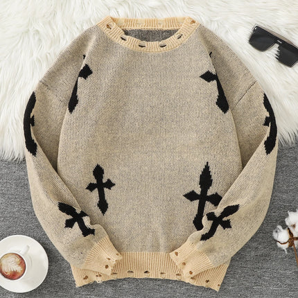 Trendy Street Style Ripped Cross Pattern Pullover Ripped Sweater Casual Crew Neck Knit Men's Pullover