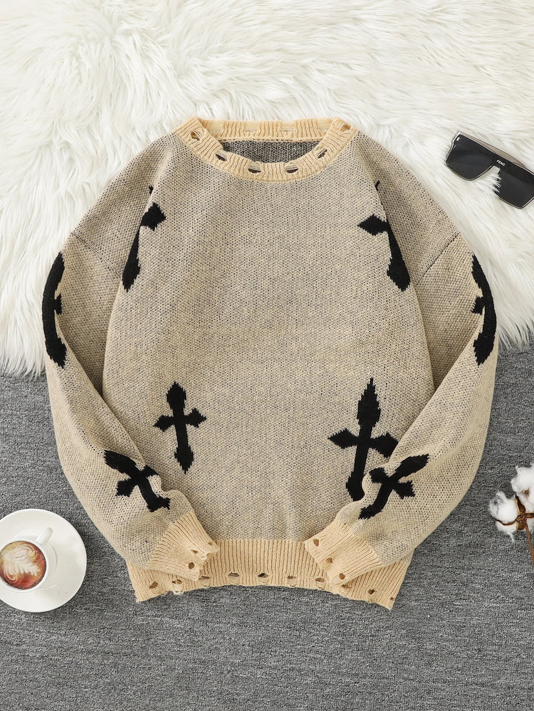 Trendy Street Style Ripped Cross Pattern Pullover Ripped Sweater Casual Crew Neck Knit Men's Pullover