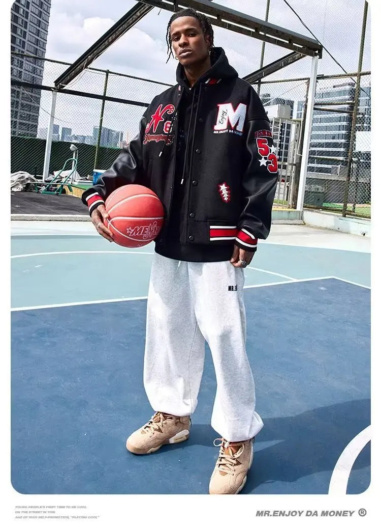 Bomber Jacket Men Women Flocking Hip Hop Loose Casual Patchwork Coat Unisex Embroidery High Street Varsity Baseball Outwear 2023