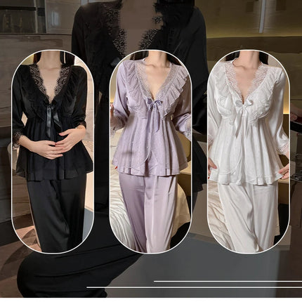 Set di indumenti da notte per la casa in raso di pizzo e pizzo da donna, pantaloni con top in pizzo dolce a V profondo, due pezzi di vestiti per la casa di grandi dimensioni bianco nero viola