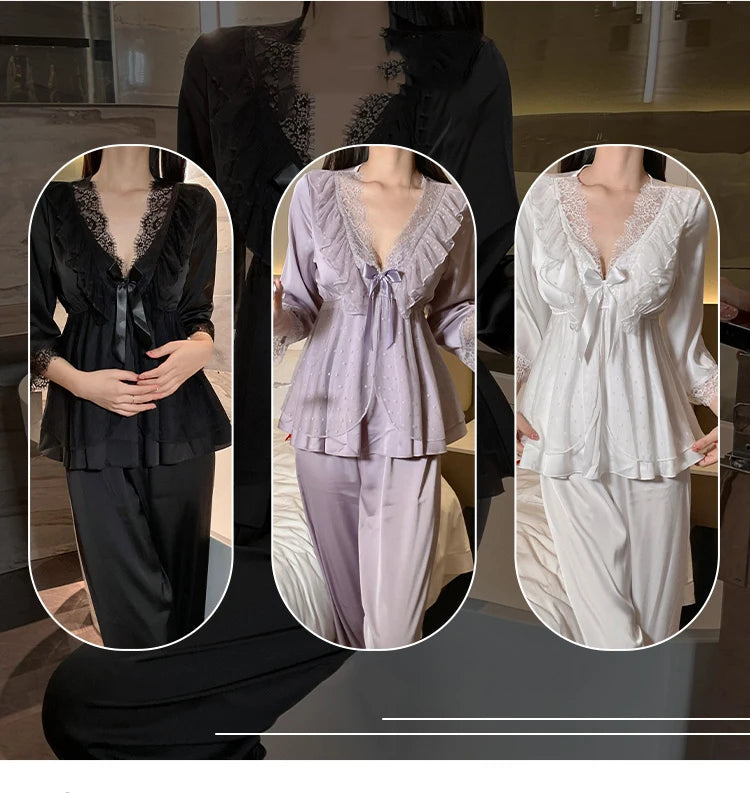 Set di indumenti da notte per la casa in raso di pizzo e pizzo da donna, pantaloni con top in pizzo dolce a V profondo, due pezzi di vestiti per la casa di grandi dimensioni bianco nero viola