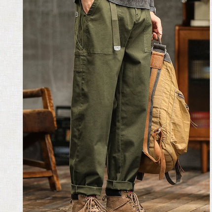 HIQOR Mens Clothing Spring Autumn Cargo Pants Man Cotton Casual Loose Trouser Belt Mid Waist Joggers Male Straight Baggy Pants