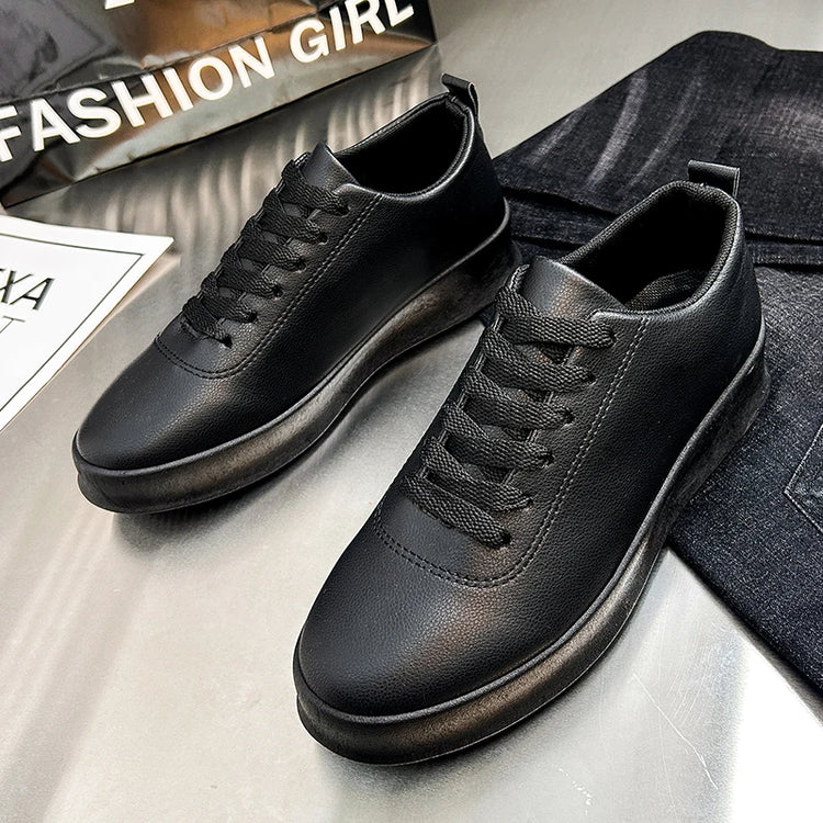 Fashion Thick Sole Black White Soft Men Leather Shoes Platform Men Casual Board Shoes Walking Sport Shoes Lightweight Work Shoes