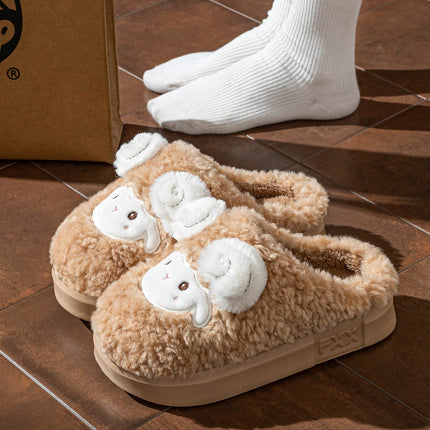 Cute Little Sheep Plush Slippers Women Winter Warm Thick Soft Sole House Shoes Indoor Fuzzy Non-Slip Comfortable Home Slides