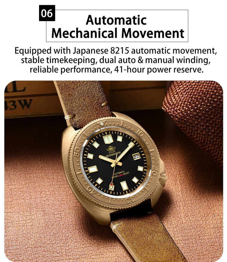 ADDIESDIVE Mens Automatic Mechanical Dive Watch Japan 8215 Movement Bronze Case Sapphire Crystal 200M Waterproof Ceramic Bezel