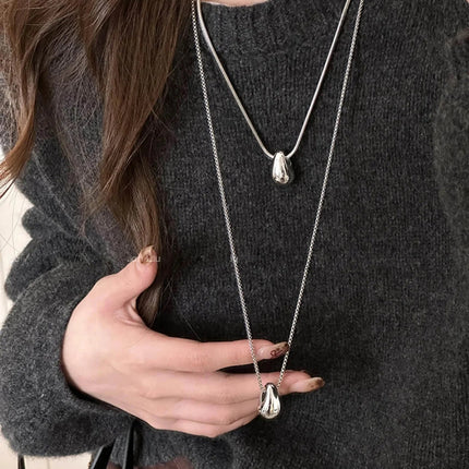 Real 925 Sterling Silver Minimalist Water Drop Pendant Chain Necklace for Women Classic Fine Jewelry Personality Accessories PlatiNum