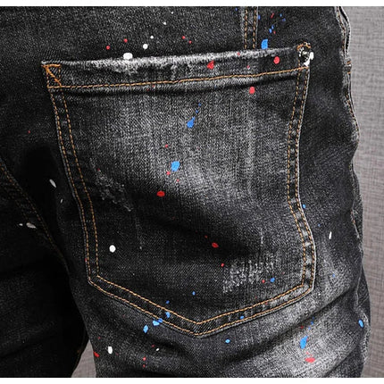 Fashion Streetwear Men Jeans Retro Black Blue Elastic Slim Fit Ripped Jeans Men Spliced Designer Embroidery Hip Hop Denim Pants PlatiNum