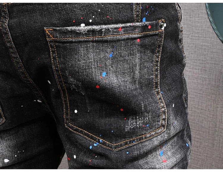 Fashion Streetwear Men Jeans Retro Black Blue Elastic Slim Fit Ripped Jeans Men Spliced Designer Embroidery Hip Hop Denim Pants PlatiNum
