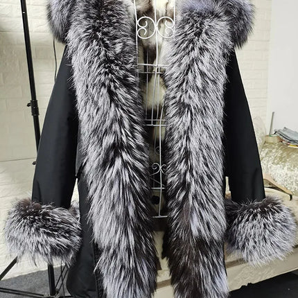 Winter Long Jacket Real Fur Coat Women Clothes Large Silver Fox Fur Collar Detachable Natural Fox Lining Parkas Leather Fur