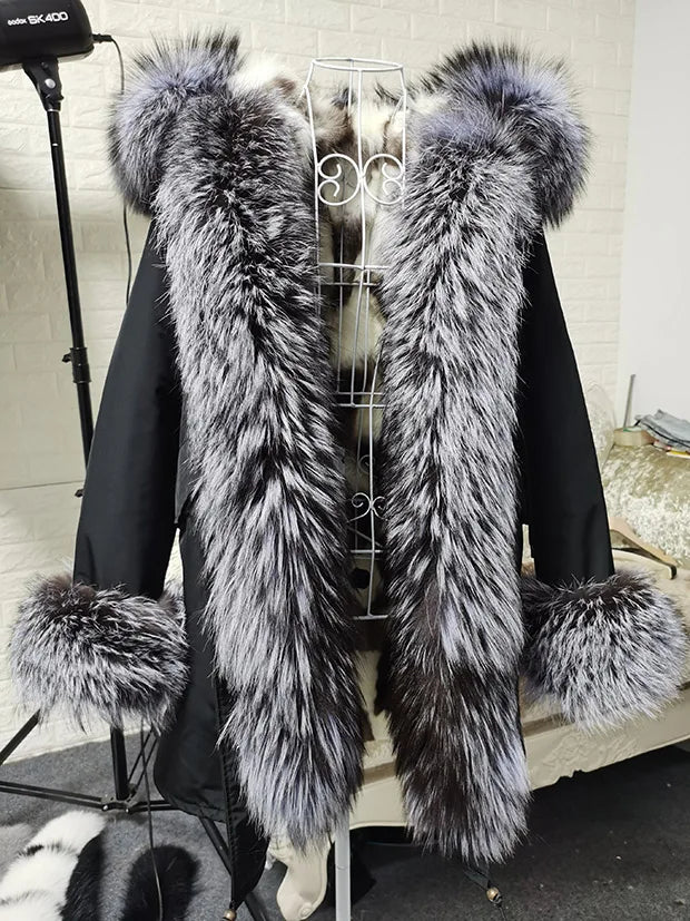 Winter Long Jacket Real Fur Coat Women Clothes Large Silver Fox Fur Collar Detachable Natural Fox Lining Parkas Leather Fur