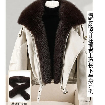New Parkas Women Leather Jacket Big Fur Collar Tooling Cotton Jacket 2026 Winter Thicke Warm Cotton Padded Coat Female Outerwear