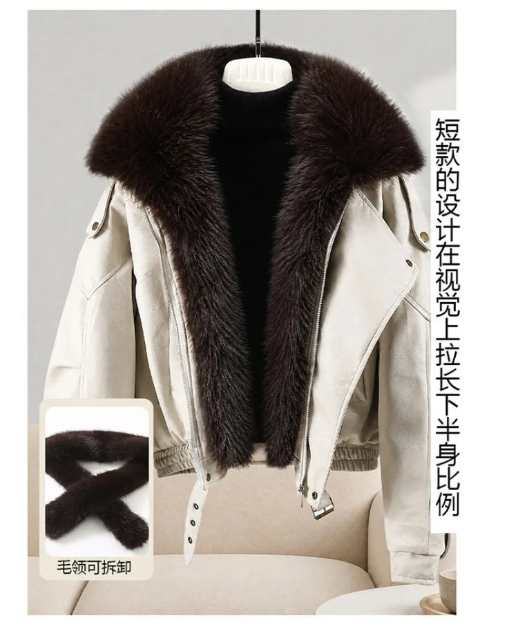 New Parkas Women Leather Jacket Big Fur Collar Tooling Cotton Jacket 2026 Winter Thicke Warm Cotton Padded Coat Female Outerwear