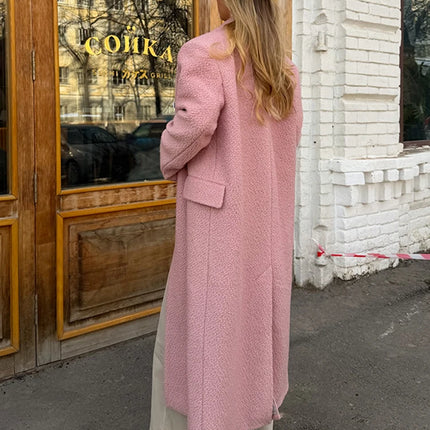 Elegant Women's Woolen Overcoat Solid Lapel Double Breasted Full Sleeve Long Coat 2026 Autumn Winter Fashion Lady Outwear