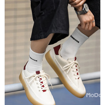 Men's Linen Canvas Platform Sneakers, Breathable Low‑Top Casual Skate Shoes, Retro Contrast Tan Trim Design, Soft Cushioned Thic