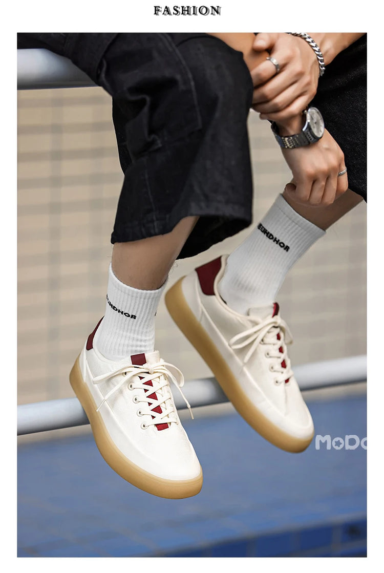 Men's Linen Canvas Platform Sneakers, Breathable Low‑Top Casual Skate Shoes, Retro Contrast Tan Trim Design, Soft Cushioned Thic