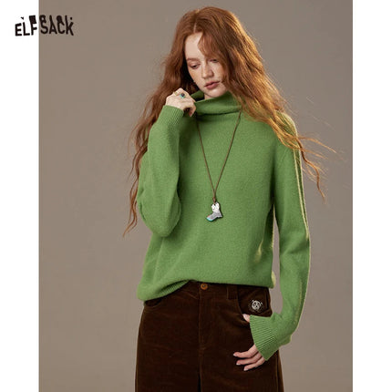 ELF SACK 2025 Winter New Solid Color Turtleneck Sweater Women, Romantic Cottagecore Fitted Long Sleeve Wool Blend Pullover PlatiNum