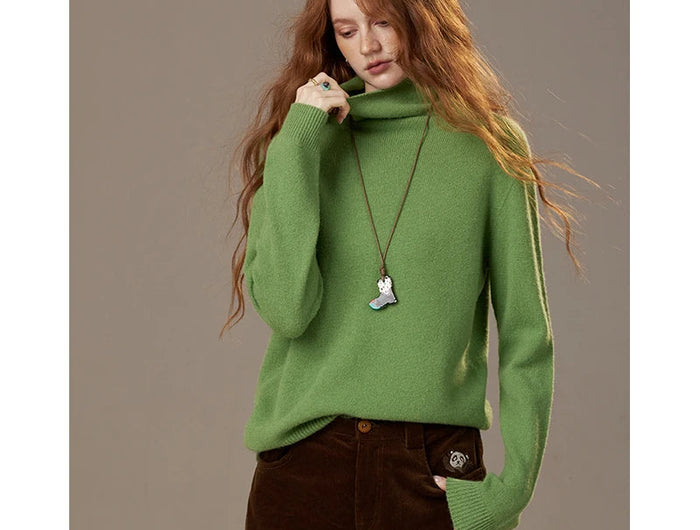 ELF SACK 2025 Winter New Solid Color Turtleneck Sweater Women, Romantic Cottagecore Fitted Long Sleeve Wool Blend Pullover PlatiNum