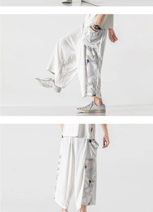 Men's Summer Harajuku Harem Pants Cotton Linen Joggers Mens Calves Length Loose Vintage Japanese Ukiyo-e Print Pants