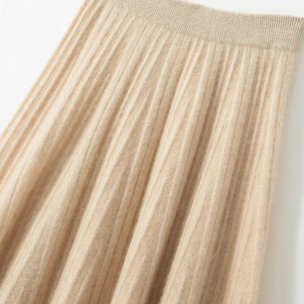 Women A-Line Pleated Skirt Cashmere High Waist Autumn Winter Large Umbrella Skirt 100% Cashmere Knitted Office Lady Casual Dress PlatiNum