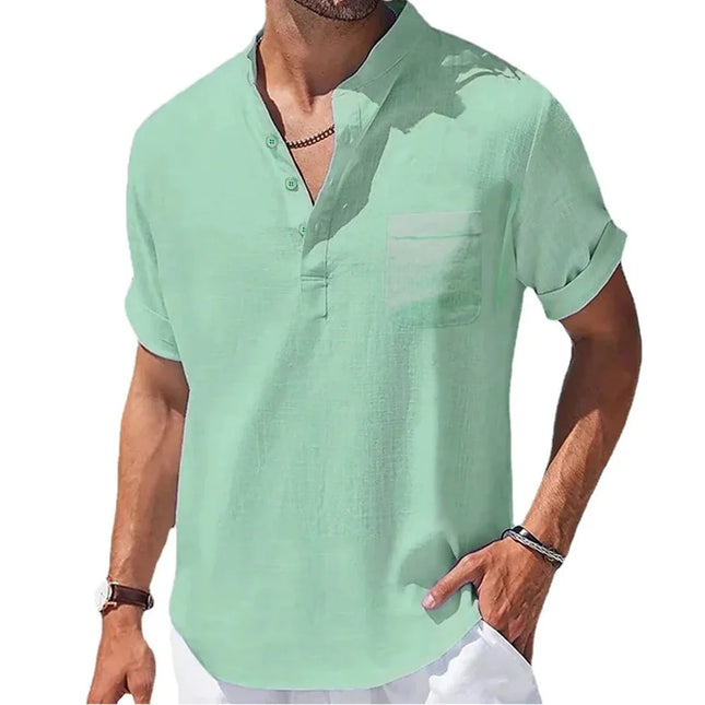 Camicie casual con colletto Henley da uomo nuove Camicia estiva in cotone e lino a maniche corte tinta unita T-shirt da spiaggia larghe e traspiranti