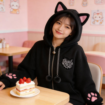 Cute Cat Ear Velvet Hoodies Women Cat Claw Long Sleeve Coat Black Harajuku Y2k 2000s Punk Rock Goth Sweetheart Women Jackets
