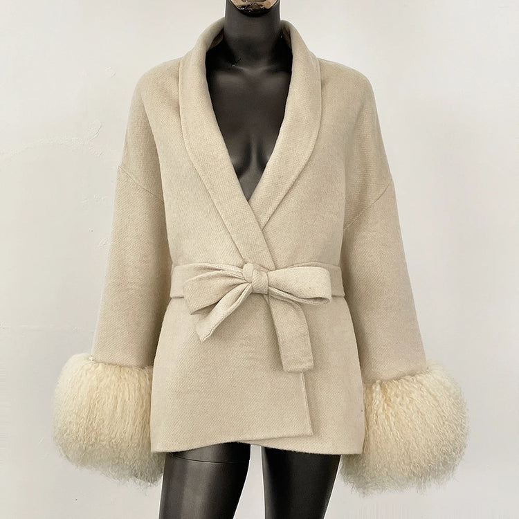High End Double-sided Wool Strapping Real Wool Fur Coat Women's Removable Cuffs Fox Fur Temperament Cashmere Short Jacket