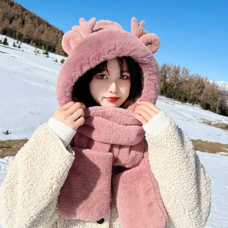 New Fashion Scarf Hat Glove Women Cute Big Ear Bunny Beanie Winter Warm Soft Thickening Pocket Warm Ear Hats Hooded Skullie Caps