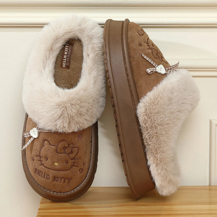 Women's Cute Cartoon Cat Plush Slippers Winter Warm Indoor Non-Slip Bow Embroidered Closed Toe Soft Fluffy House Shoes for Ladie