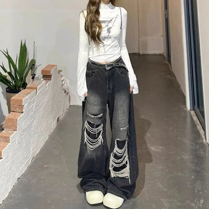 Jeans Neri Gotici Y2K Strappati da Donna, Pantaloni Larghi in Denim Estetici, Jeans Oversize Stile Harajuku, Abbigliamento Vintage Anni 2000