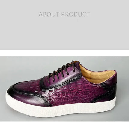 Newest 2025 Spring Men Genuine Leather Casual Sneakers Lace Up Handmade Crocodile Design Men Daily Leather Footwear Purple