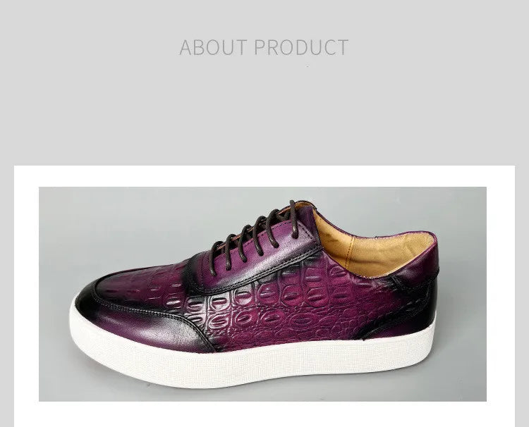 Newest 2025 Spring Men Genuine Leather Casual Sneakers Lace Up Handmade Crocodile Design Men Daily Leather Footwear Purple