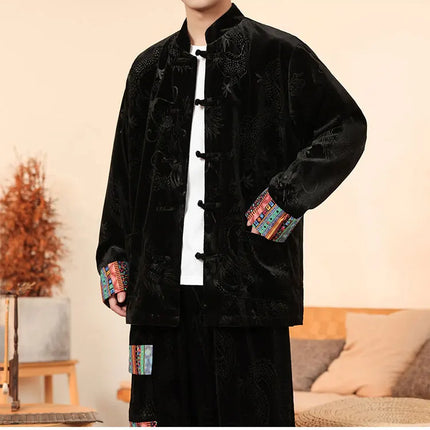 Giacca in velluto da uomo in stile cinese con stampa drago camicie da uomo tradizionale abito Tang Kung Fu Tai Chi camicie casual retrò abbigliamento da uomo