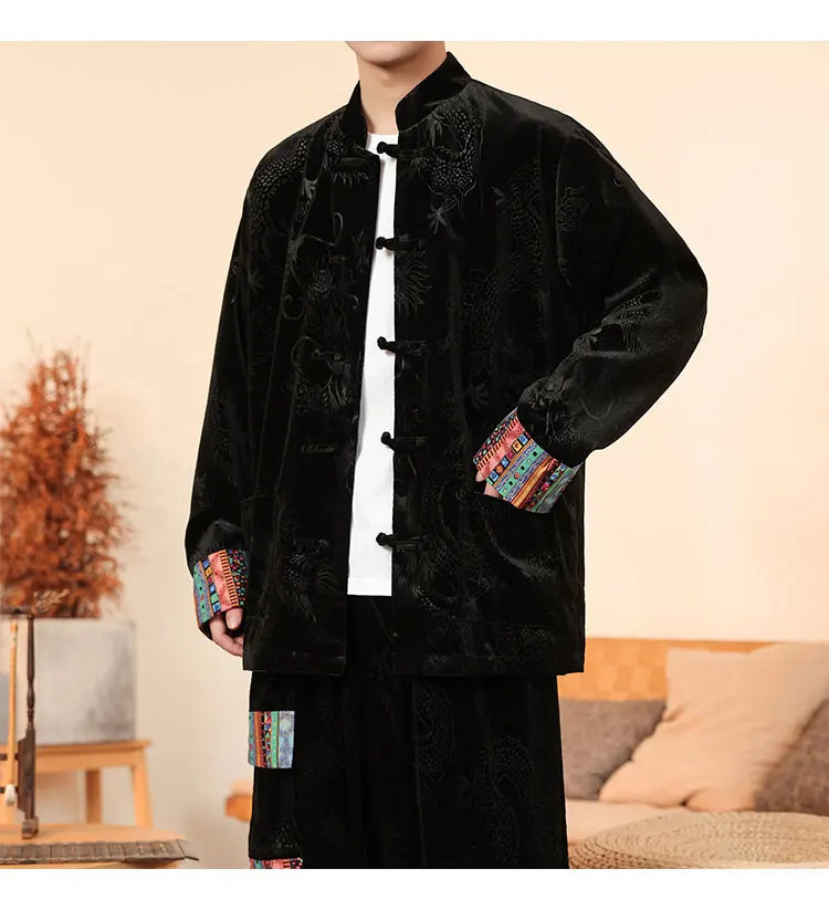 Giacca in velluto da uomo in stile cinese con stampa drago camicie da uomo tradizionale abito Tang Kung Fu Tai Chi camicie casual retrò abbigliamento da uomo