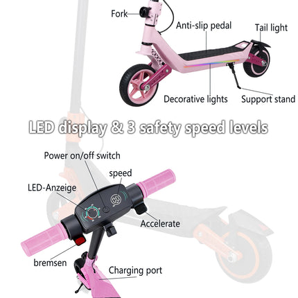 Monopattino elettrico leggero per bambini con luci, autonomia massima di 15/7/6 km, 2/3 modalità (8-16 km/h), per bambini dai 6 ai 14 anni, monopattino elettrico pieghevole da 6,5 pollici con 3 livelli di illuminazione