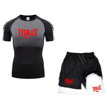EVERLAST Men's Compress Shirt + 2-in-1 sports shorts 2pcs Set Leisure Breath Short Sleeve Sport Jogging Gym Brand Print Clothing platinumshop