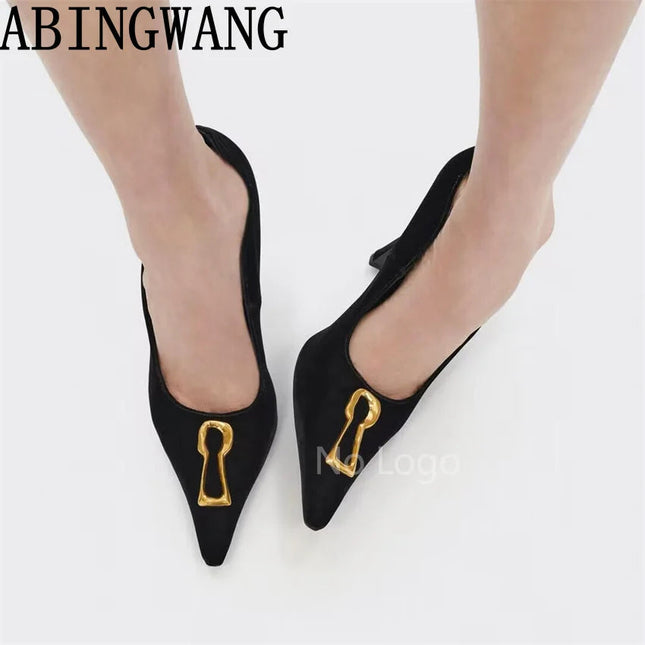 High Quality Leather Thin Heel Pumps Slip On Pointed Toe Suede Metal Shoes Women Sexy Party Sandals For Women Mujer PlatiNum