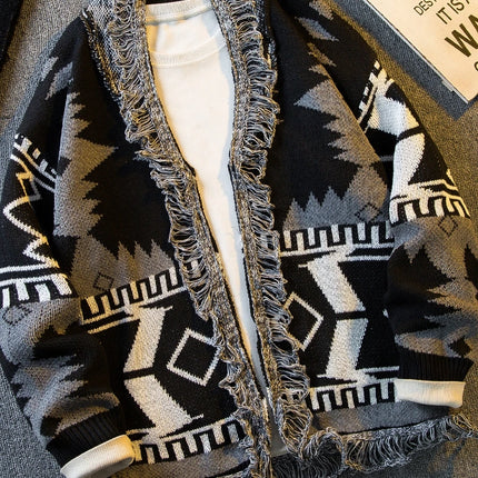 Autumn Ethnic Style V-neck Knitted Cardigan Sweater Men's Loose Casual High Street Personalized Knitted Jackets Male Clothes