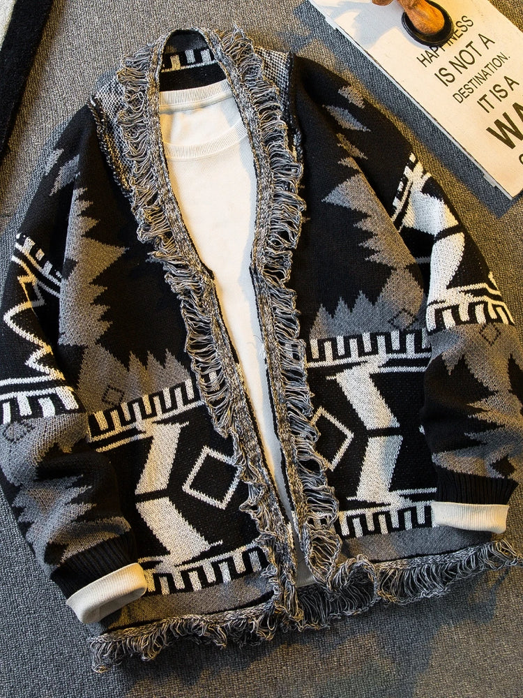 Autumn Ethnic Style V-neck Knitted Cardigan Sweater Men's Loose Casual High Street Personalized Knitted Jackets Male Clothes