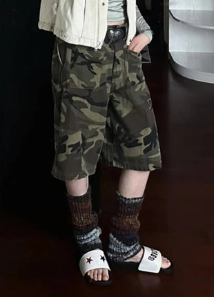 PBAP Camouflage Denim Bermuda Pants High Waist Pocket Patched Straight Cargo Jean Shorts Jorts Harajuku Vintage Women Streetwear PlatiNum