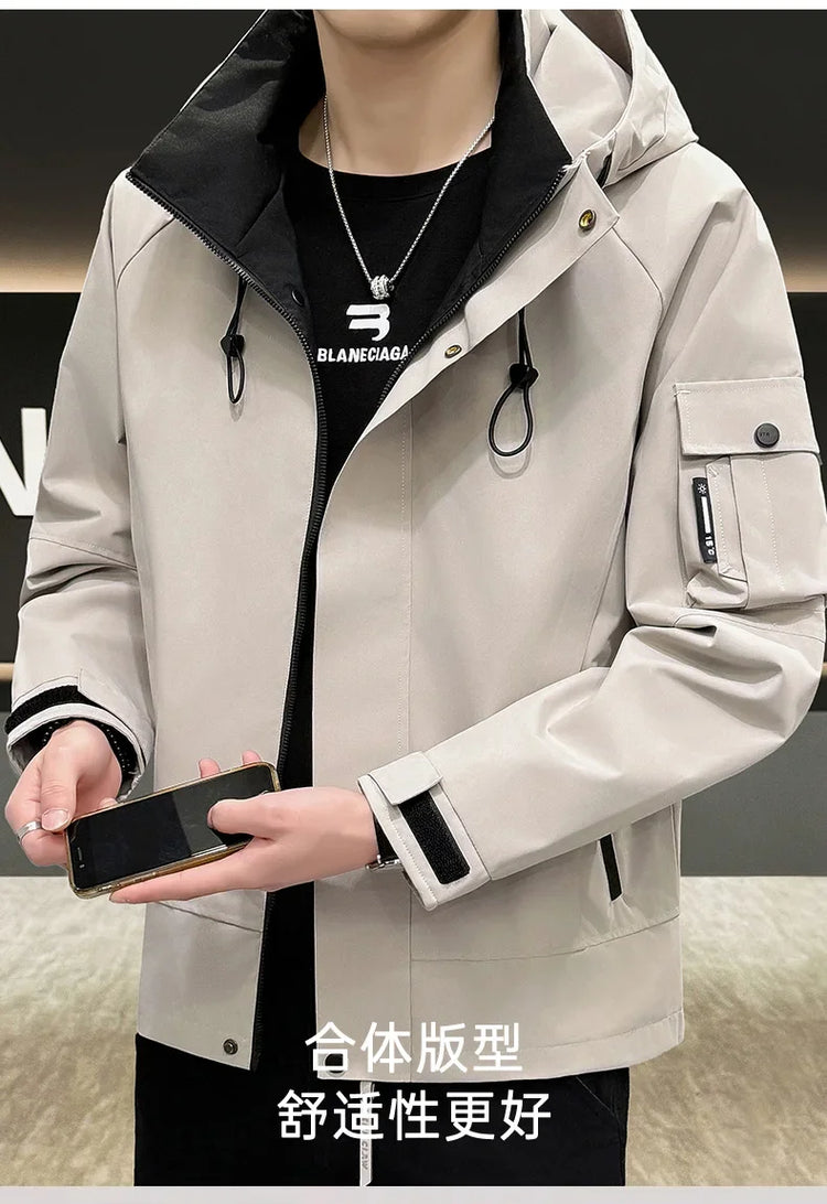 New Men's Fashion Casual Jackets Hooded Solid Zipper Pockets Camping Jackets Spring Autumn Brand Male Outdoor Sport Windbreaker