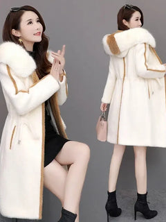 Imitation Mink Fleece Jackets Womens Autumn Winter Thicken Warm Hooded Woolen Coat High End Lady Gold Mink Velvet Wool Overcoat