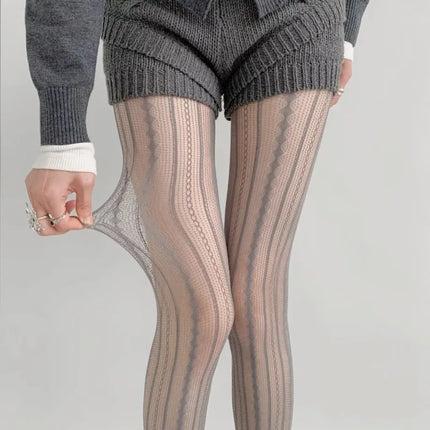 Women's Sexy Lace Fishnet Stockings Lolita Style Hollow Out Design Red Silk Socks JK High Waist Striped Tights Christmas Gifts