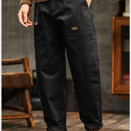 HIQOR Mens Clothing Spring Autumn Cargo Pants Man Cotton Casual Loose Trouser Belt Mid Waist Joggers Male Straight Baggy Pants
