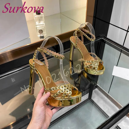 Women'S Chunky Heel Waterproof Platform Sandals Rhinestones Ankle Strap Open Toe Party Evening Shoes Luxury Designer High Heels